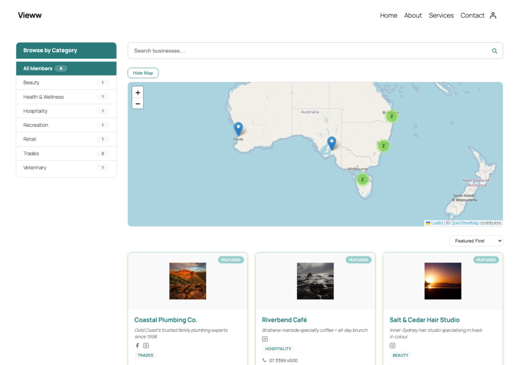 Frontend — directory grid + map sidebar, live filtering