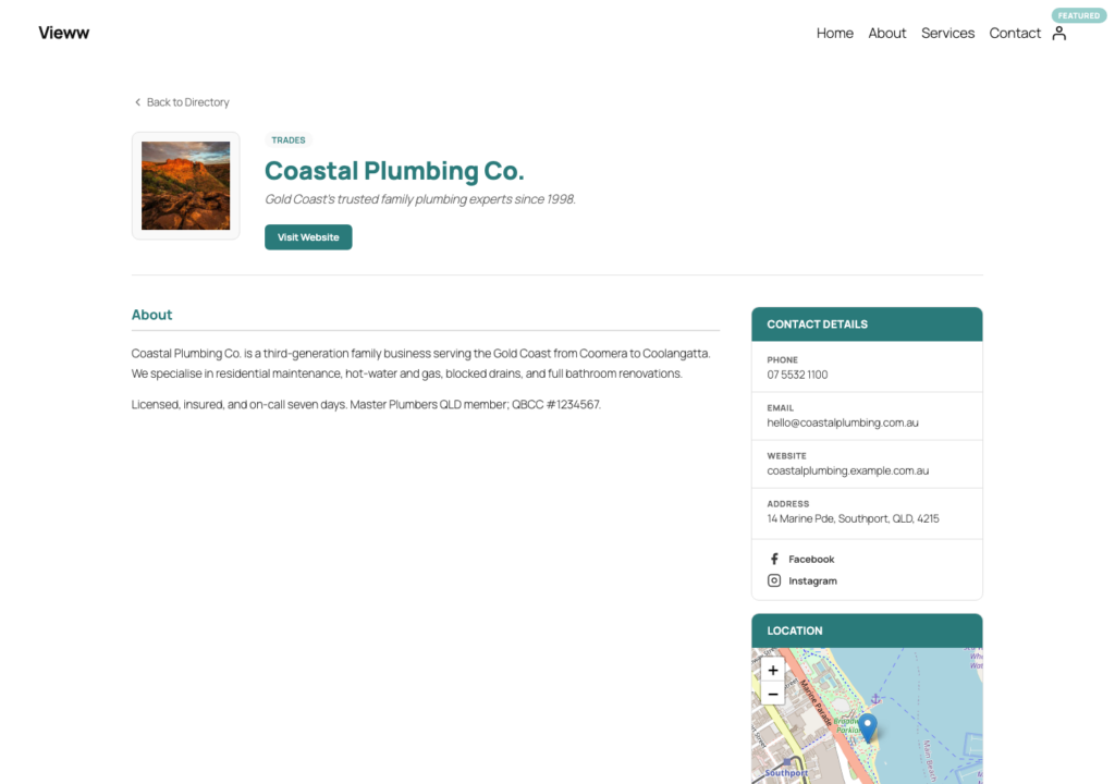 Detail — single member profile with gallery + map