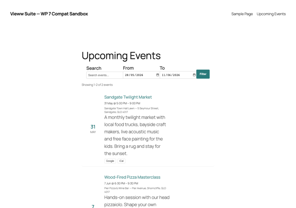 Single event — full detail with venue map + iCal download