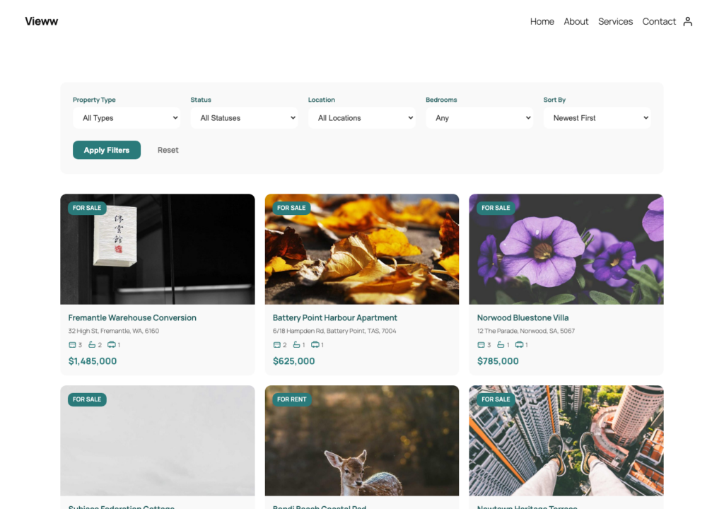 Frontend grid — filter by type, status, beds, price